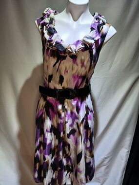 Tahari Purple, Black and Cream Abstract Ruffle Neck Dress